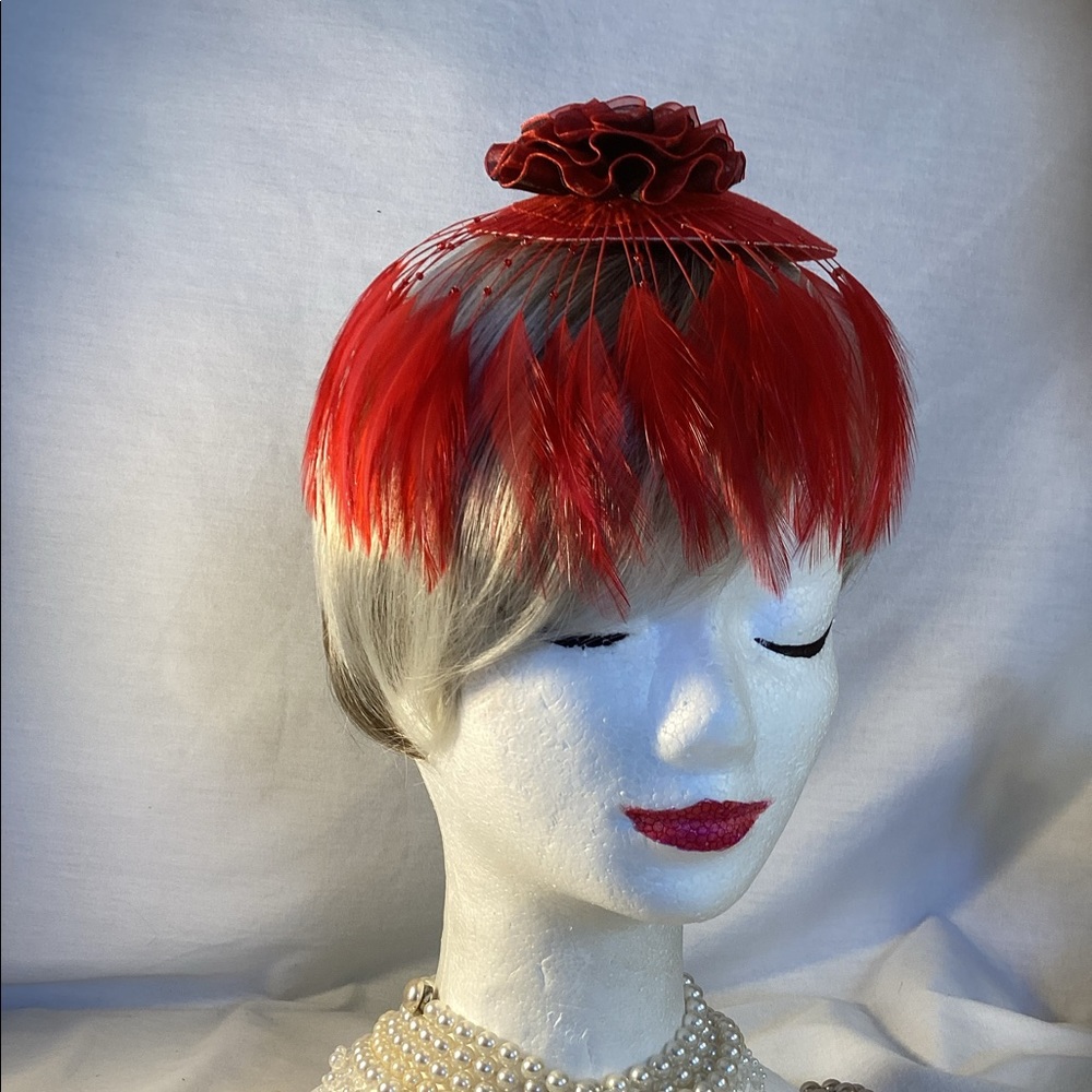 Racy Red! Lovely, Fun Fascinator w/ Beaded Feathers & Red & Black Floral Detail